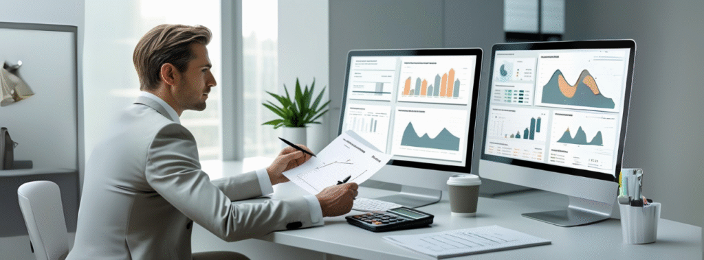 5 Formas de Justificar Cada Real Investido em Marketing em 2025 8 Profissional de marketing analisando relatórios de ROI e gráficos de performance em um escritório moderno, com foco em investimentos estratégicos.