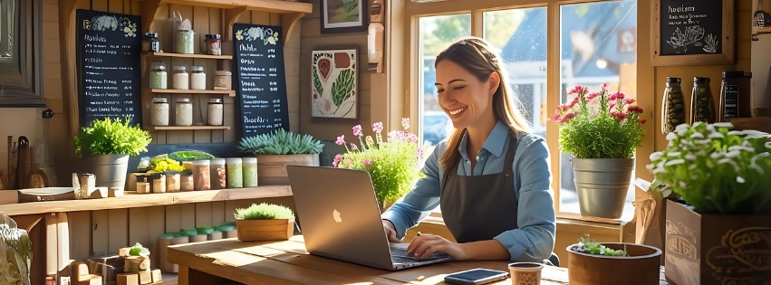 6 Estratégias de Marketing Digital para Pequenas Empresas em Cidades do Interior 2 Empresário de pequena empresa em cidade do interior usando notebook e celular para gerenciar marketing digital.