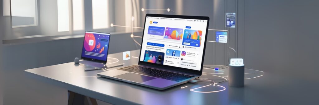 A Nova Era dos Anúncios Automatizados da Meta: Como Marcas Inteligentes Estão se Adaptando 4 Mesa de trabalho com anúncios do Facebook e Instagram em exibição, simbolizando automação de campanhas com inteligência artificial.
