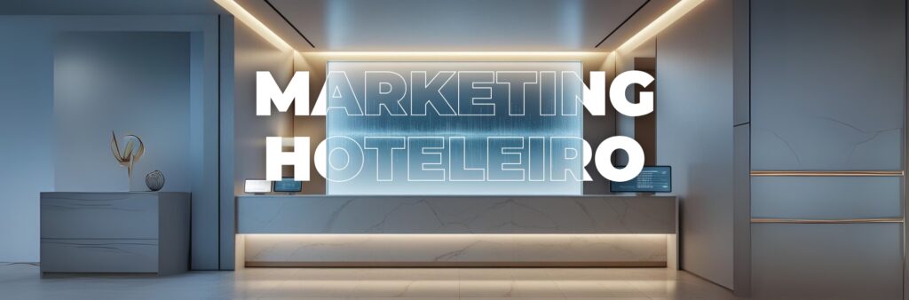 Recepção de hotel moderna com elementos visuais sutis representando tecnologia e inteligência artificial.