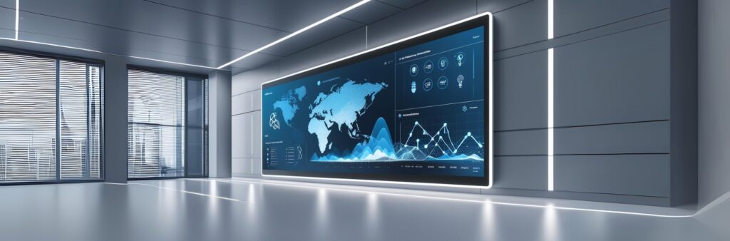 Ambiente corporativo com painéis de dados e elementos de inteligência artificial representando estratégia empresarial moderna.